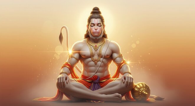 Seated Hanuman Idol. Soft Golden Mist Spiritual 4K Wallpaper.