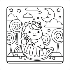 Magical unicorn coloring page line art vector 
