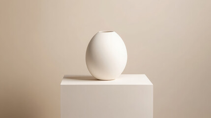 Minimalist white ceramic vase on pedestal, modern decor, soft lighting, calm and elegant mood