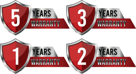 Chrome Red Warranty Shield Set – 1 Year, 2 Years, 3 Years, 5 Years Guarantee Labels – Vector Illustration