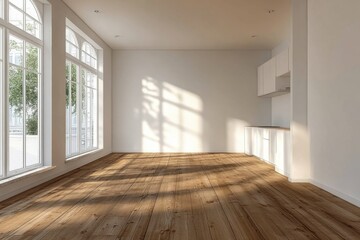Obraz premium A 3D-rendered- modern Scandinavian interior design featuring an empty room with a white wall and wood floor creates a minimalist and inviting atmosphere