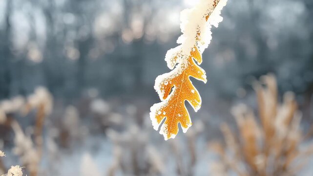 Gently swaying frost-covered oak leaf backlit by winter sunrise