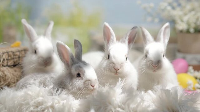 Four fluffy baby rabbits snuggling on soft fur blanket with Easter eggs