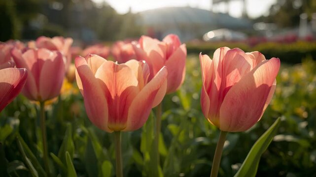 Close-up dolly through pink tulip bed in sunlit spring garden