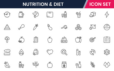 Nutrition and Diet, Healthy Food, and Detox Diet Vector Icons. Contains such Icons as Metabolism, Caunt Calories, Palm oil free, Zero trans fat, Probiotics, and more. Simple Outline icons collection.