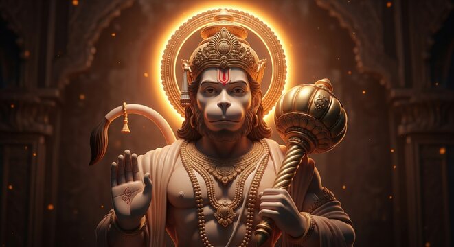 Majestic Hanuman Idol. Orange-Gold Halo Devotional 4K Wallpaper.