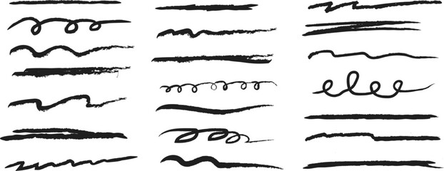 Hand drawn underline set. Grunge brush strokes and pencil scribbles. Vector text dividers.
