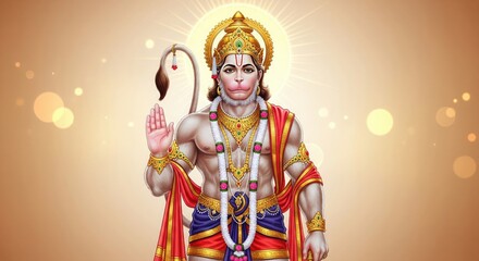 Hanuman Idol Portrait. Golden Aura Glow Spiritual 4K Wallpaper.