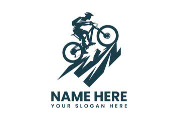 A dark blue vector illustration logo of a mountain biker in mid-air with a customizable name and slogan on a white background.
