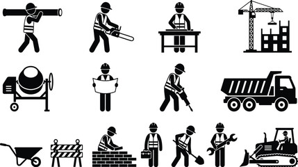 Vector Silhouettes of Essential Construction Tools and Safety Equipment, including Hammer, Drill, Saw, Wheelbarrow, Safety Hat, and Circular Saw Icons.Vector Silhouettes 