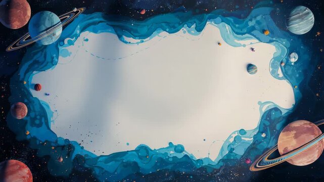 Stylized paper-cut space background with orbiting planets and central copy space