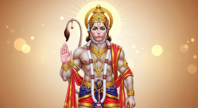 Hanuman Idol Portrait. Golden Aura Glow Spiritual 4K Wallpaper.