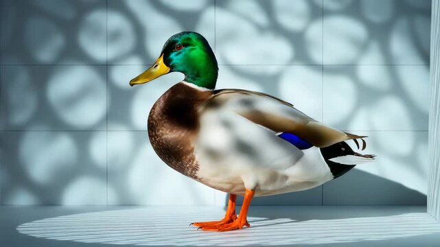 Mallard duck standing in studio as patterned light casts moving shadows