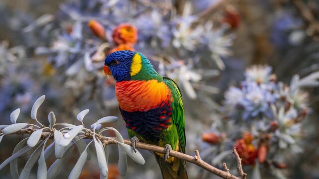 Close-up of a rainbow lorikeet perched and turning on flowering branch