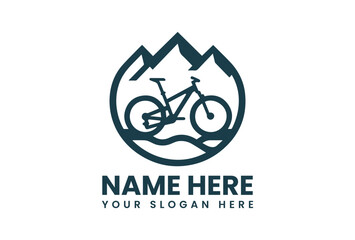 Vector logo illustration of a bicycle in a circular emblem with mountains, customizable with a name and slogan on a white background.
