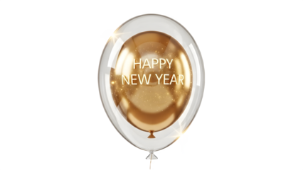 Shiny gold balloon with happy new year text on transparent background