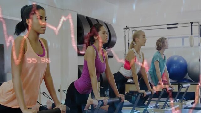 Four women pressing pilates reformers after coach cue for form, waveform with numeric readouts