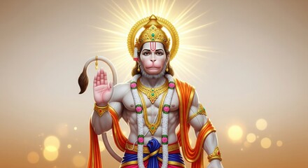 Hanuman Idol Portrait. Golden Aura Glow Spiritual 4K Wallpaper.