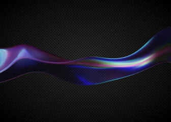 Glass liquid 3D iridescent shape. Elegant wallpaper with transparent glass ribbon. Dispersed Iridescent glass.