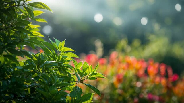 Backlit green leaves in sunlit garden with colorful bokeh background and copy space