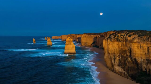 Aerial drone over dramatic coastal cliffs and limestone sea stacks under moonlight