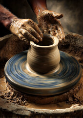 Hands skillfully shape wet clay on a spinning wheel, forming a beautiful pot. Soft light from the setting sun highlights the artisan's focused expression and the rich, earthy tones around them.