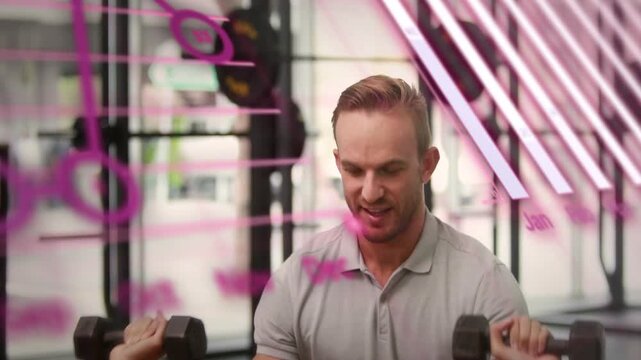 PT placing hands under client elbows, client pressing DBs on bench for fitness, pink overlay moving