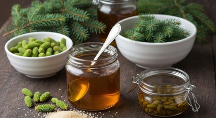 Jars of golden liquid and ingredients sit near pine branches on a wood surface