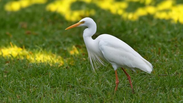 White egret foraging while walking across sunlit grassy lawn