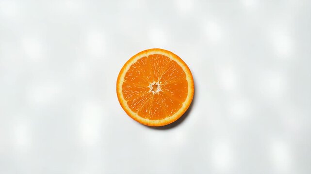 Close-up orange slice on white background with subtle motion and copy space