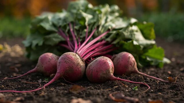 Freshly harvested beets on soil in organic vegetable garden