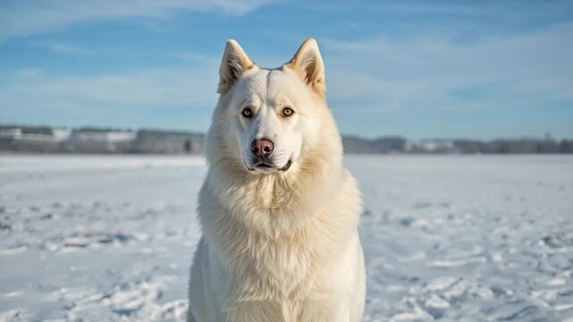 White husky sitting and turning head on snowy field in winter