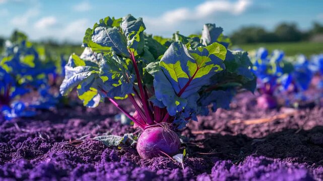 Close-up of beetroot growing in sunny organic farm field
