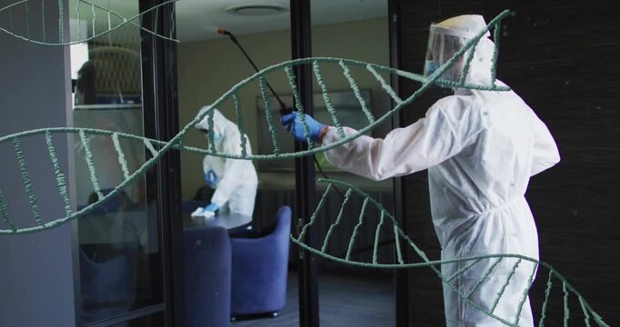 Two sanitizers per protocol using spray wand on glass, wiping seats, DNA overlay marking zones