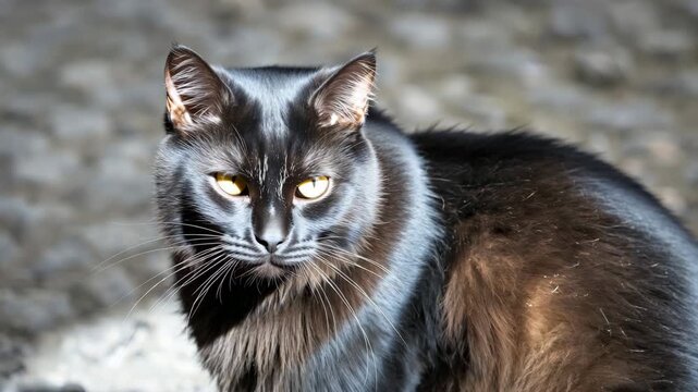 Black cat portrait with yellow eyes sitting on gravel outdoors