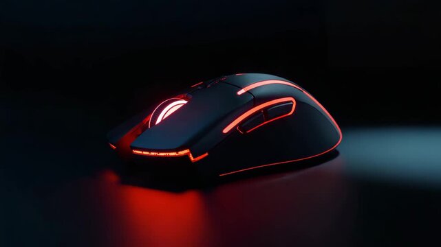 Illuminated gaming mouse with red rgb lighting on dark studio background
