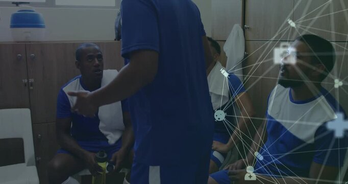 Standing player entering gesturing, players listening to sports tactic, network overlay beside team