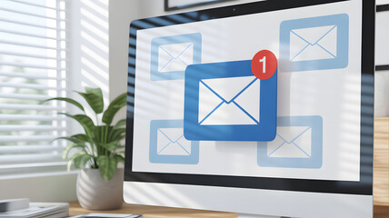 Computer screen showing new email notification with envelope icon and red badge in bright workspace