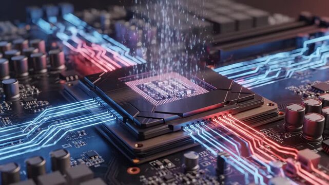 Abstract digital illustration of a glowing computer processor chip on a circuit board with blue and red light streams