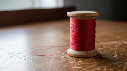 Red thread spool rests on textured wooden surface, single strand unwound from wooden bobbin. Vivid red thread spool represents creative projects, intricate handcrafts, or mending activities.