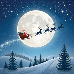 Naklejka premium Santa Claus on a sledge in a snowy winter night forest landscape illustration