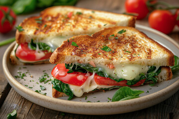 grilled cheese spinach and tomato sandwiches, selective focus