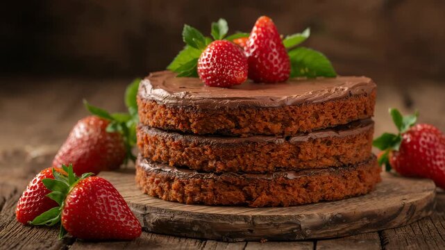 Close-up of chocolate layered cake with strawberries on rustic wooden board slow push-in