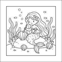 mermaid coloring page line art vector