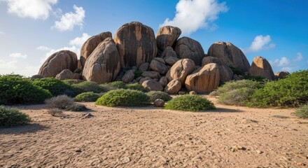 Large weathered boulders sit amidst scrub and sandy ground, under a blue sky