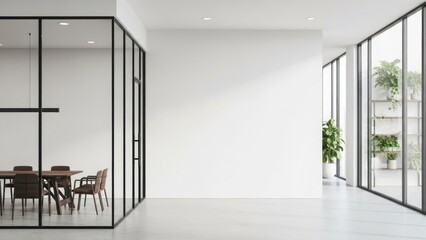 Modern office hallway with glass meeting room and large windows