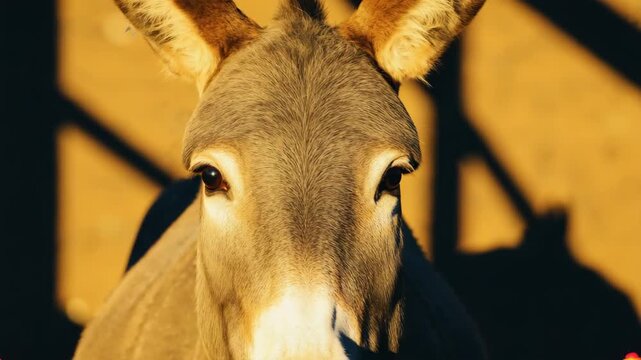 Curious donkey looking into camera in sunlit farm paddock at golden hour