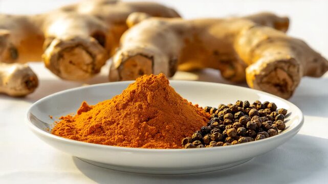 Close-up of turmeric powder and black pepper on plate with ginger root