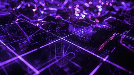 Futuristic neon grid network with pulsing lights and reflective glass surface - Powered by Adobe