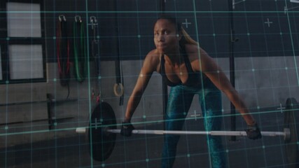 Woman bracing and breathing, pulling then pressing bar overhead while grid tracing path for fitness - Powered by Adobe